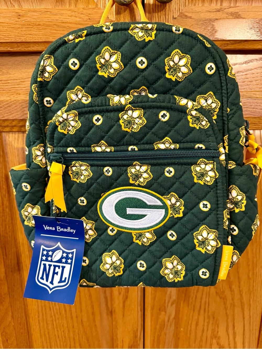 NWT Vera Bradley Green Quilted Packers Floral Backpack with Yellow Accents